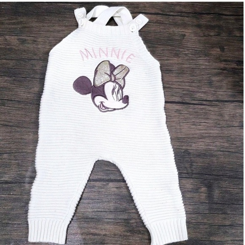 Disney Baby Minnie Mouse Cream Knit Overalls 6/9M Cotton Bib Jumpsuit 861431-465